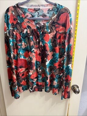 Talbots Coral, Teal & Brown Floral Cashmere-Blend Cardigan